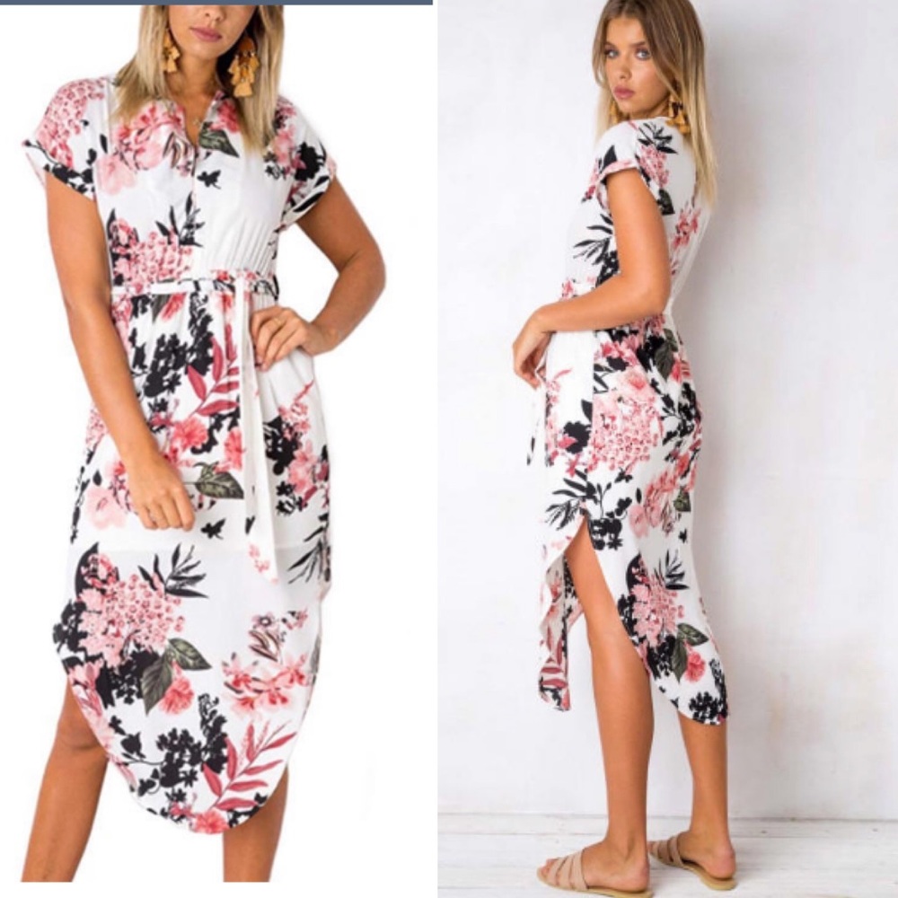 New! floral maxi dress with slit and tie waist
